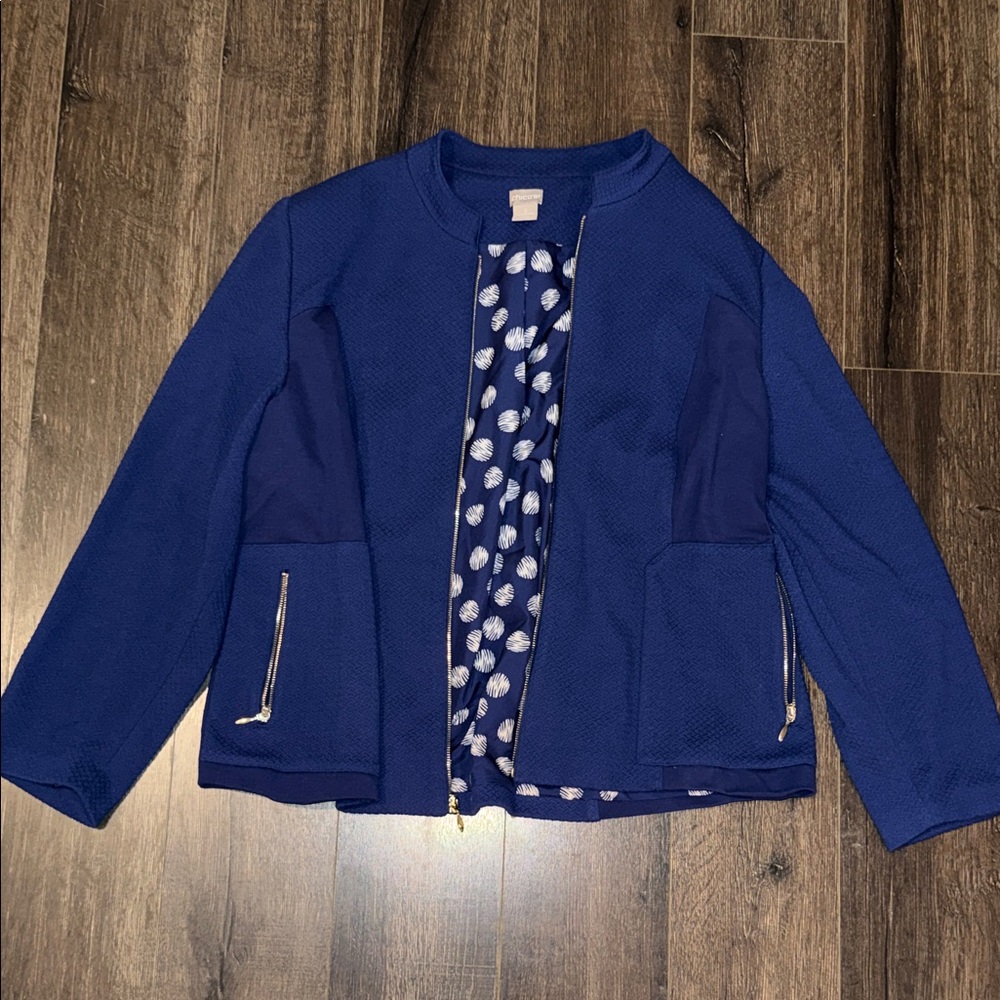 Chico’s Size 3 Blue Textured Jacket | Zip Pocket Layered Look Blazer